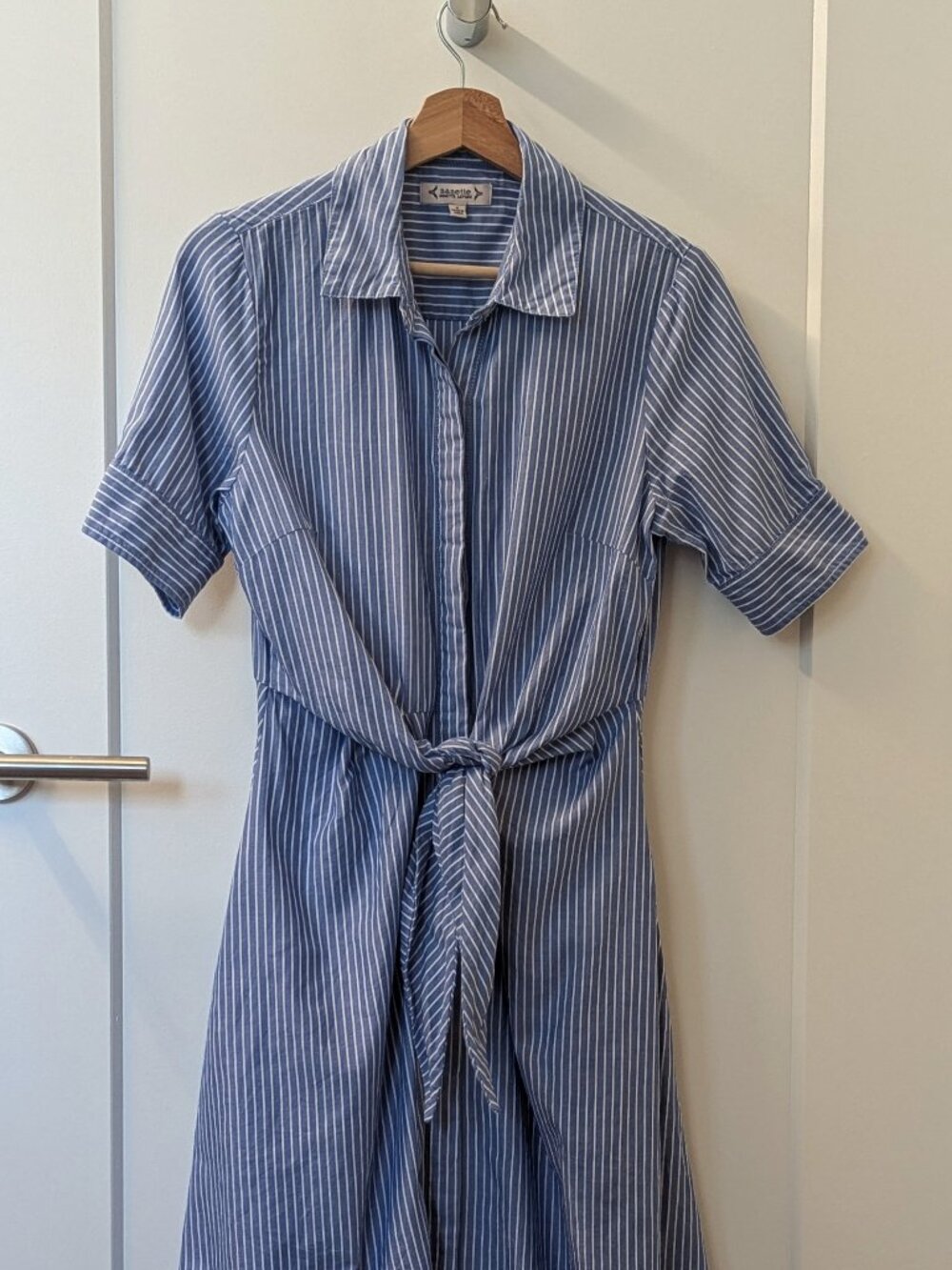 Nanette Lepore Blue Stripe Short Sleeve Midi Shirt Dress Tie Waist - SIZE 4